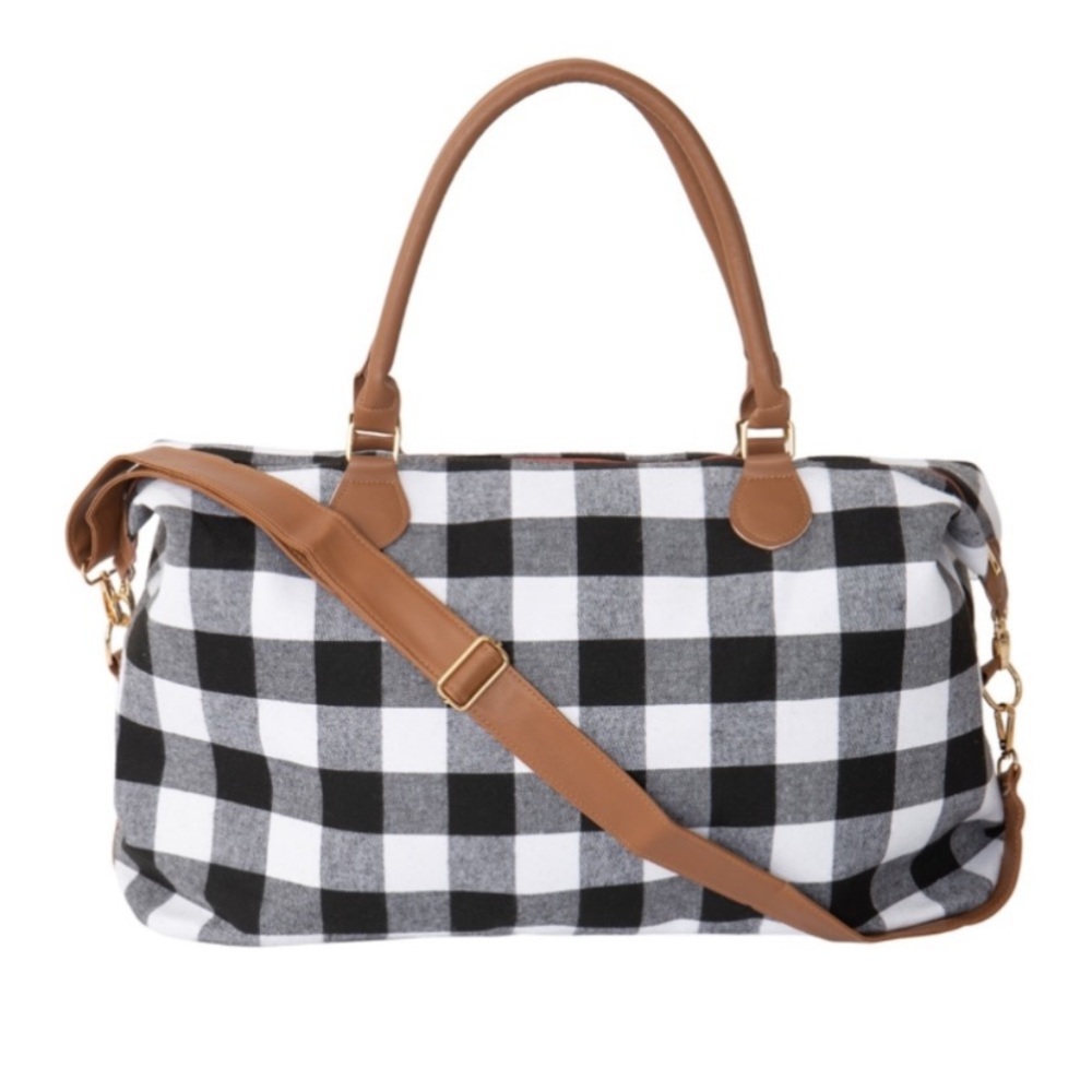1 left $22 start❤️Fun white Buffalo plaid print duffle bag - Picture 2 of 3